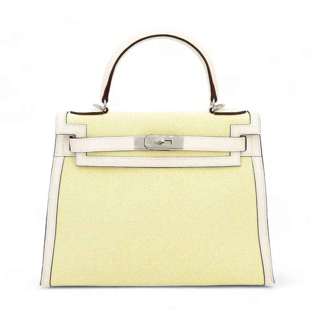 Hermès 2022 HSS Kelly 28 Sellier Jaune Citron/Nata Swift Canvas Palladium Hardware Replica Quality