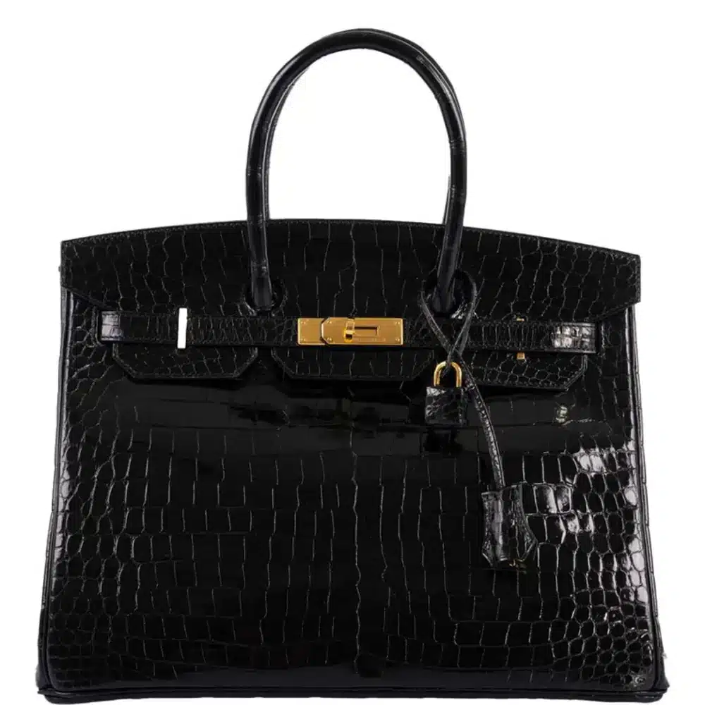 Lushentic Grade Handbags: 35 Black Shiny Porosus with Gold Hardware