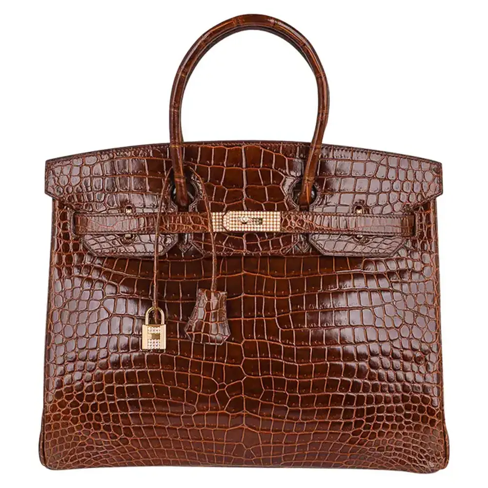 Hermès Rare Collectible Birkin 35 Miel Shiny Porosus Crocodile Diamond Encrusted 18k Rose Gold Hardware Lushentic bags