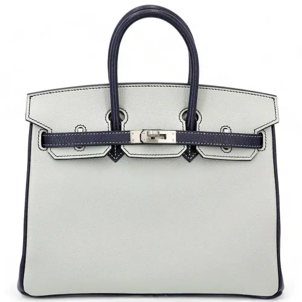 replica hermes bags Hermès HSS 2020 Birkin 25 Gris Perle and Bleu Indigo Chevre Brushed Palladium Hardware