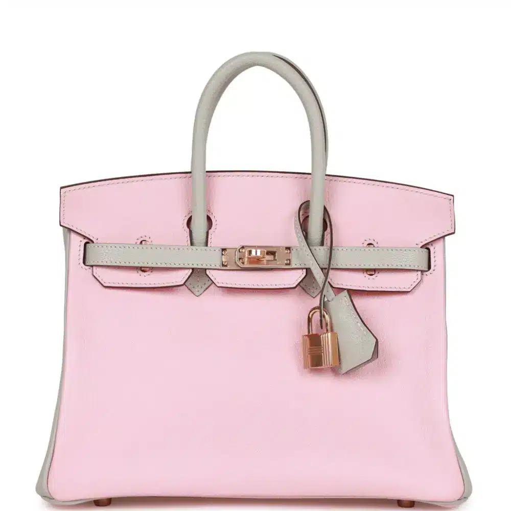 replica hermes bags Hermès HSS Birkin 25 Rose Sakura and Gris Perle Chevre Mysore Rose Gold Hardware