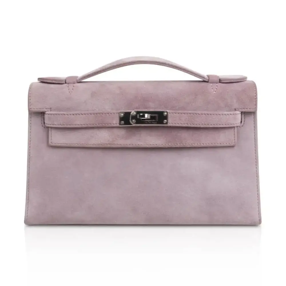 Hermès Kelly Pochette Lilac Doblis Suede Palladium Hardware Replica inspired