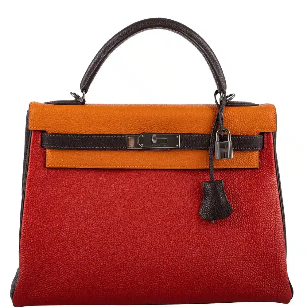 Hermès Rare Collectible 2006 Kelly 32 Retourne Orange H/Rouge Vif/Ebene Togo J Square Ruthenium Hardware Replica Designer Bags