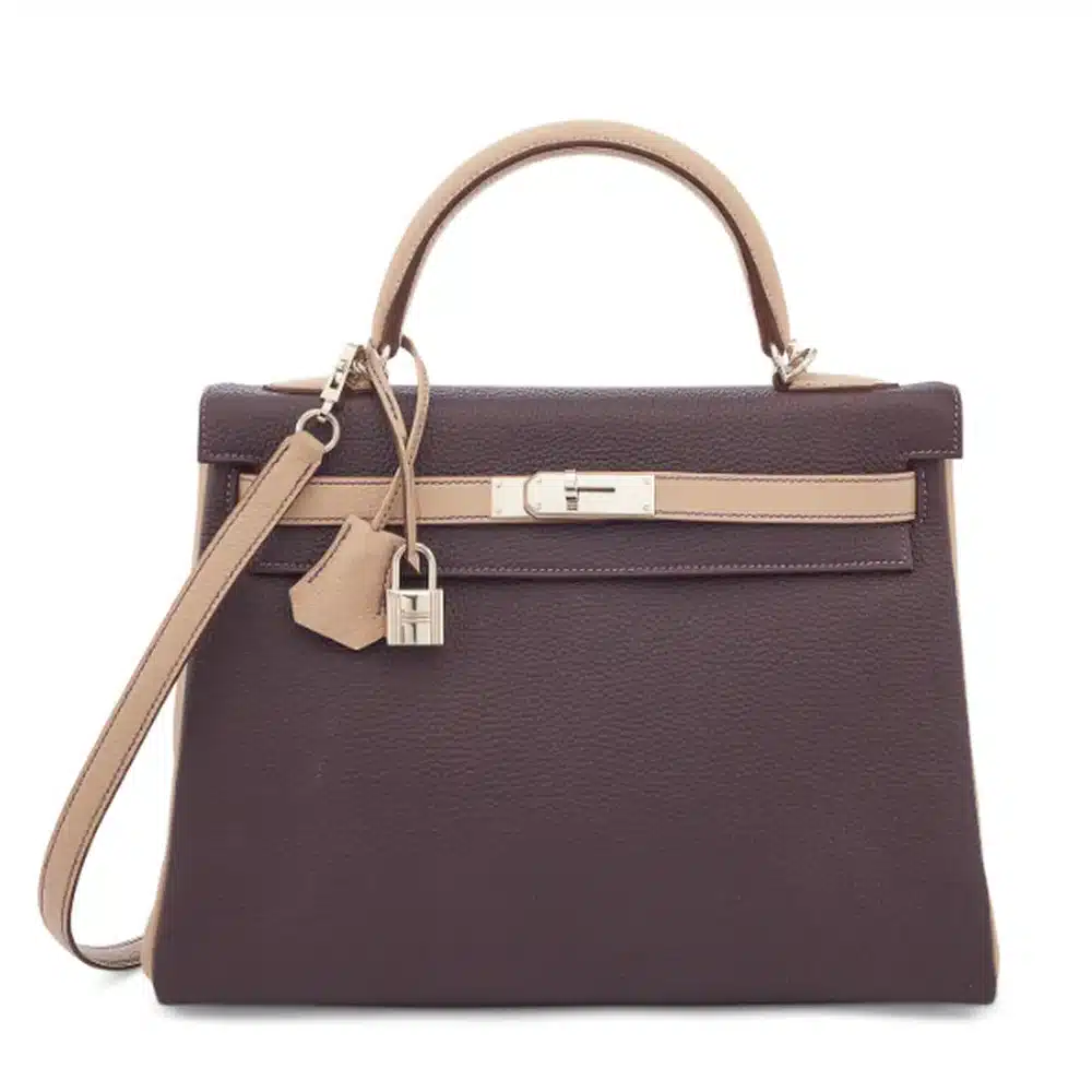 Hermès Rare Collectible Custom Kelly 32 Retourné Raisin & Gris Tourterelle Togo Palladium Hardware dupes bag