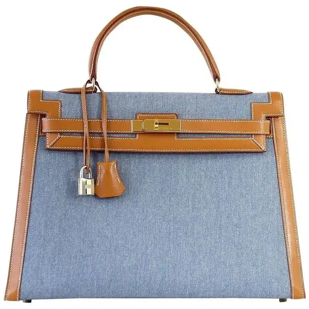 Hermès Rare Collectible Kelly 35 Sellier Blue Denim & Barenia Gold Hardware Replica Designer Bags