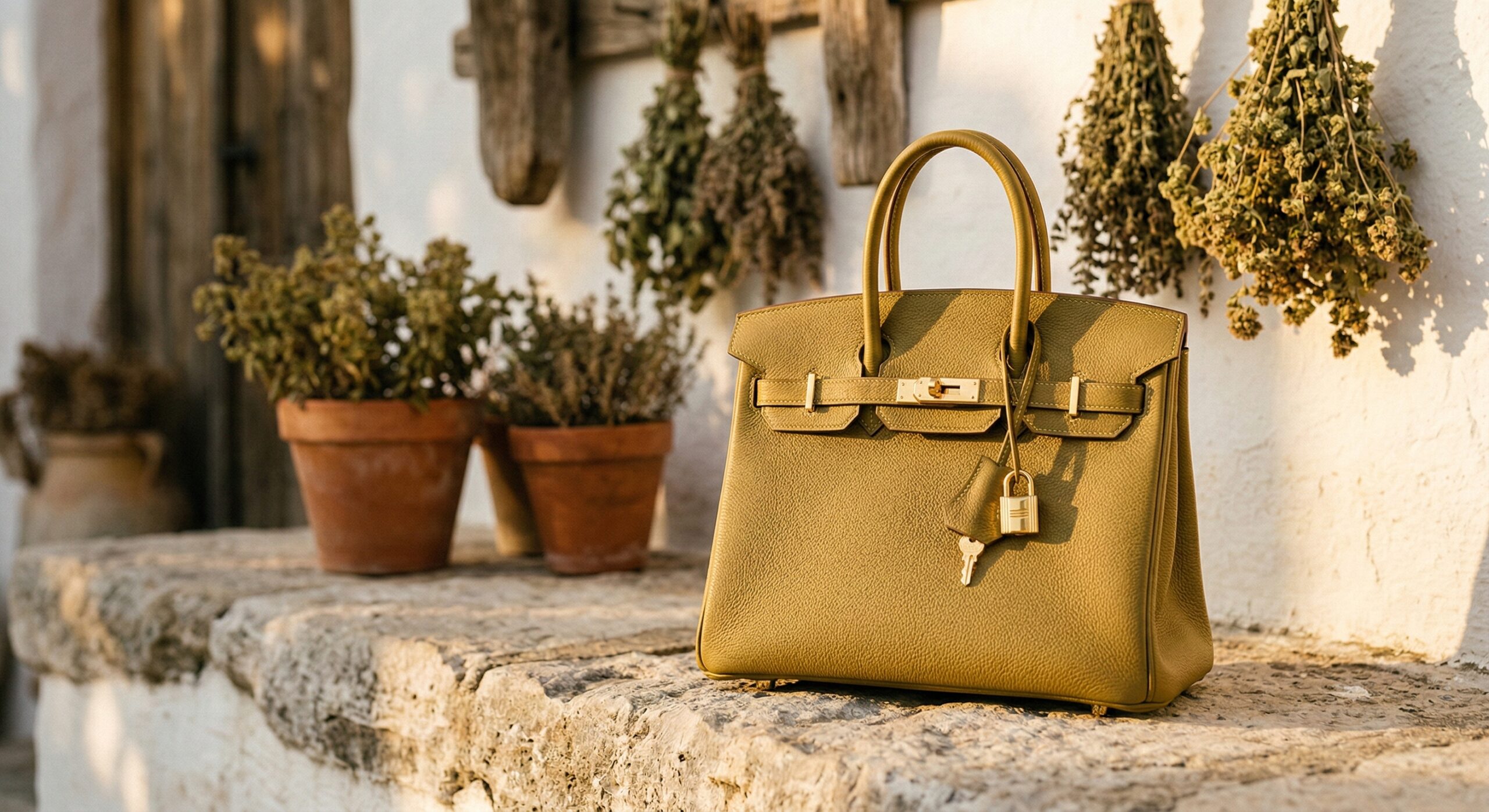 A high-resolution, professional product photograph capturing an Hermès Birkin 25 bag in Origan leather with gold hardware. The color is a muted, warm yellow-green, specifically mimicking the shade of dried Mediterranean oregano. The bag is placed on a weathered light-grey stone ledge during the golden hour, with soft, long shadows. In the background, out of focus, are terracotta pots and bundles of dried herbs hanging against a sun-bleached white wall. The lighting emphasizes the earthy, olive undertones of the leather and the rich, golden reflection of the hardware.