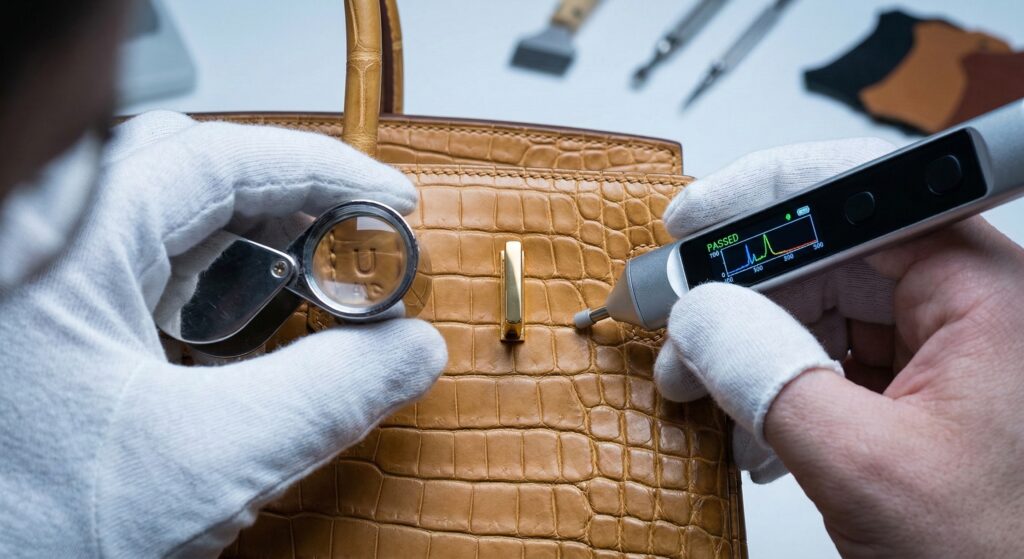 A high-resolution macro photograph taken in a modern workshop under cool LED lights. It captures a master authenticator wearing fine white cotton gloves meticulously analyzing a subtle detail on an Hermès Birkin 25 bag made of intricate "Miel" porosus crocodile leather. The focus is critically sharp on the gold-plated spindle and a blind stamp, partially concealed near the sangle. The authenticator holds a high-powered jeweler's loupe in one hand to peer at the stamp, while the other hand holds a sophisticated handheld spectrum analyzer tool resting on the textured leather, displaying data on its OLED screen. The lighting makes the intricate crocodile scales and precise, angled "Cousu Sellier" stitching glow, emphasizing the gap between artisan perfection and a approximation of a "super fake."